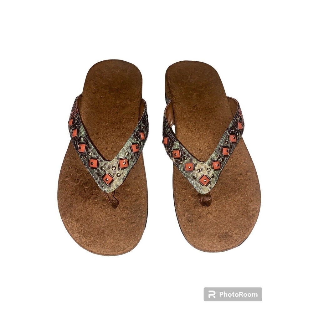 Vionic Floriana Toe Post Sandals Animal Print Size 7 Orange Brown Flip Flop